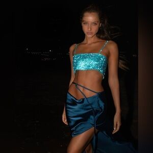 NUE Studio Embellished Rhinestone Charlotte Top Aquamarine Blue Size NWT